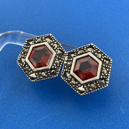 Sterling Silver Garnet Marcasite January Occasion Statement Stud Earrings