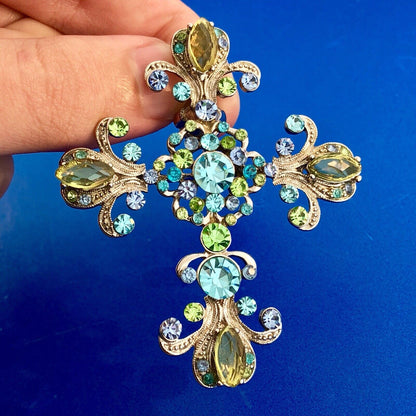 Silver Tone Grn Blue Aqua Crystal Fleur De Lis Cross Statement Enhancer Pendant