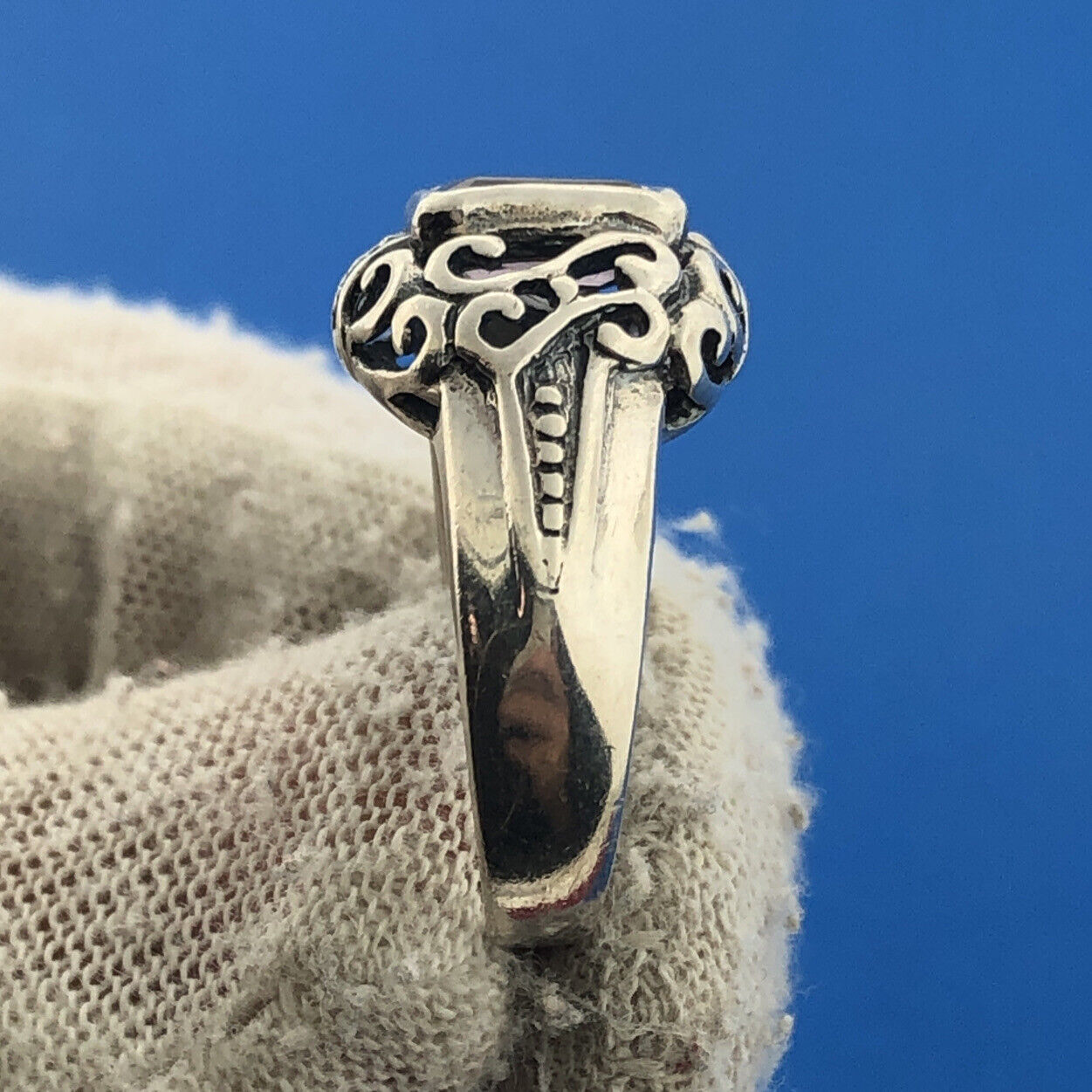 Vintage FAS 925 Sterling Silver Amethyst Open Scroll February Anniversary Ring