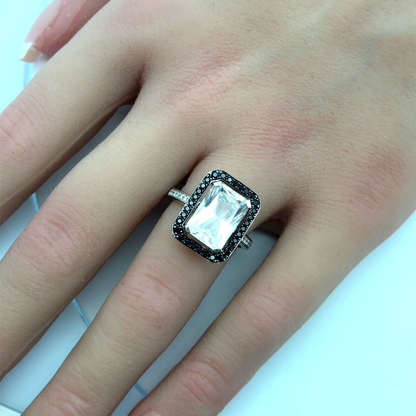 Designer 18K White Gold Emerald Cut White Topaz Black White Diamond Accent Ring