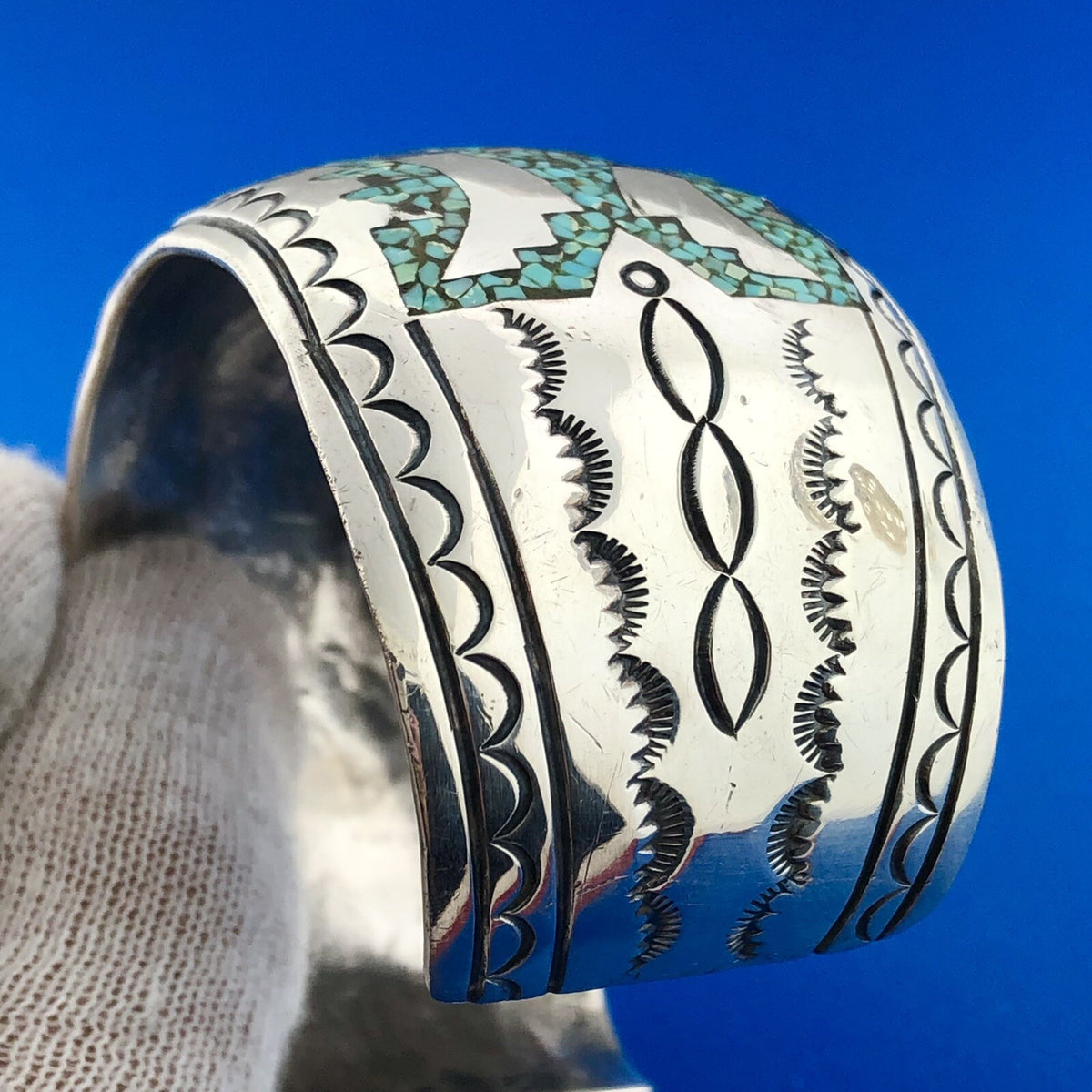 Native American Sterling Silver Turquoise Coral Inlay Storyteller Cuff Bracelet