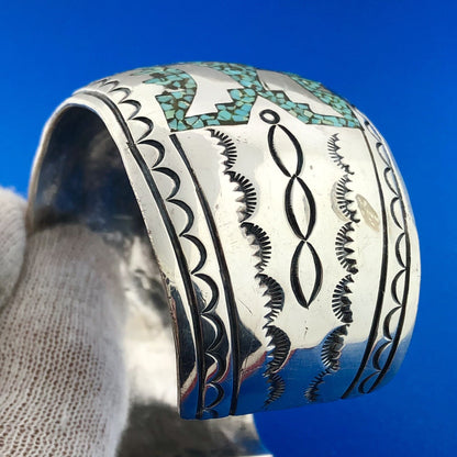 Native American Sterling Silver Turquoise Coral Inlay Storyteller Cuff Bracelet