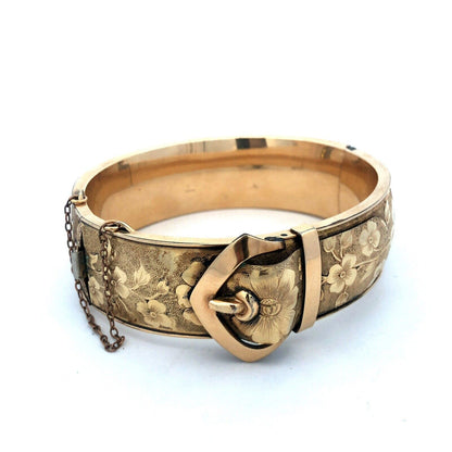 Antique F.M.Co 12K Yellow Gold Filled Floral Belt Buckle Hinged Bangle Bracelet