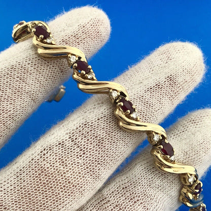 Designer 14K Yellow Gold Ruby Diamond Accented Statement Tennis Bracelet