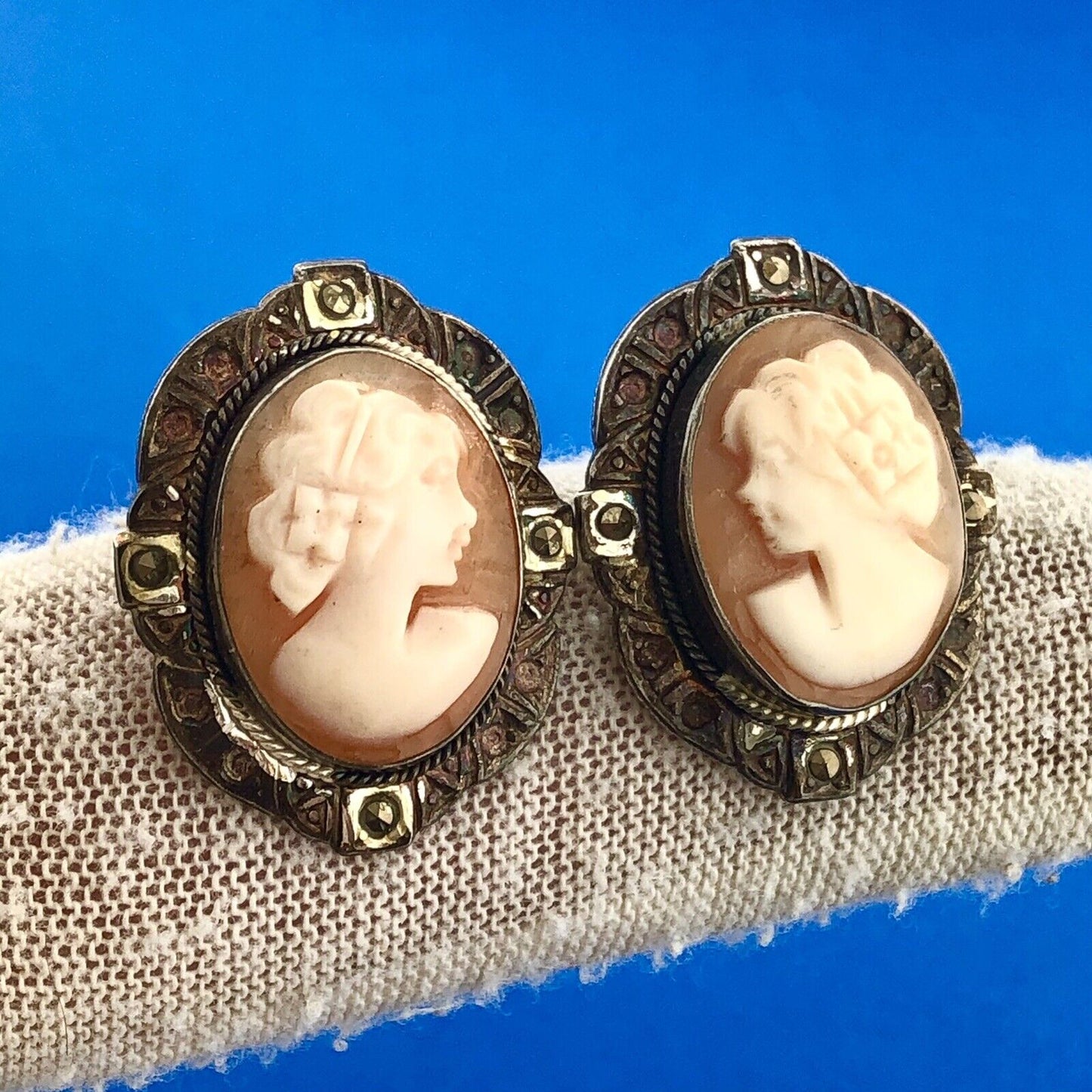 Victorian 925 Sterling Silver Carved Cameo Marcasite Statement Stud Earrings
