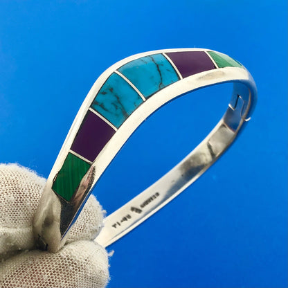 Vintage Taxco Signed 925 Sterling Silver Multi Gem Inlay Hinged Cuff Bracelet