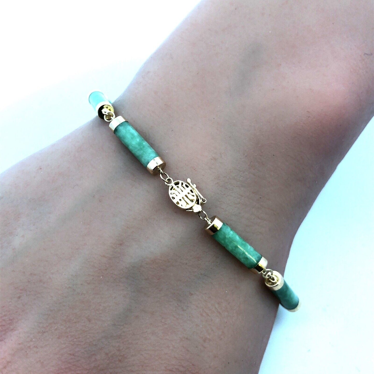 Estate 14K Yellow Gold Green Jade Bar Link Station Bracelet