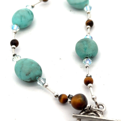Estate 925 Sterling Silver Turquoise Tigers Eye Crystal Beaded Toggle Bracelet