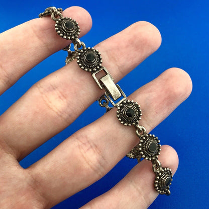 Charming Silver Tone Black Onyx Cabochon Floral Petite Bead Panel Bracelet