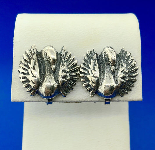 Art Deco Art Nouveau Artisan 925 Sterling Silver Swan Screw Back Earrings