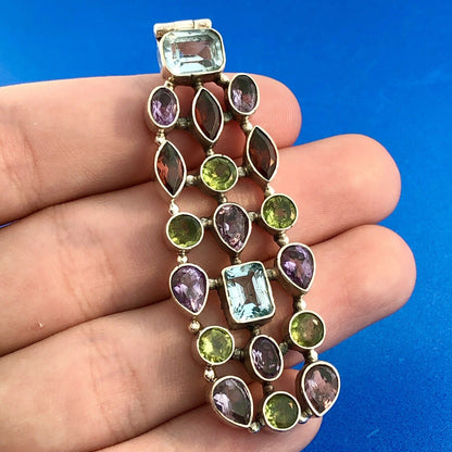 Sterling Silver 925 Multi Colored Shaped Gemstone Rectangular Statement Pendant