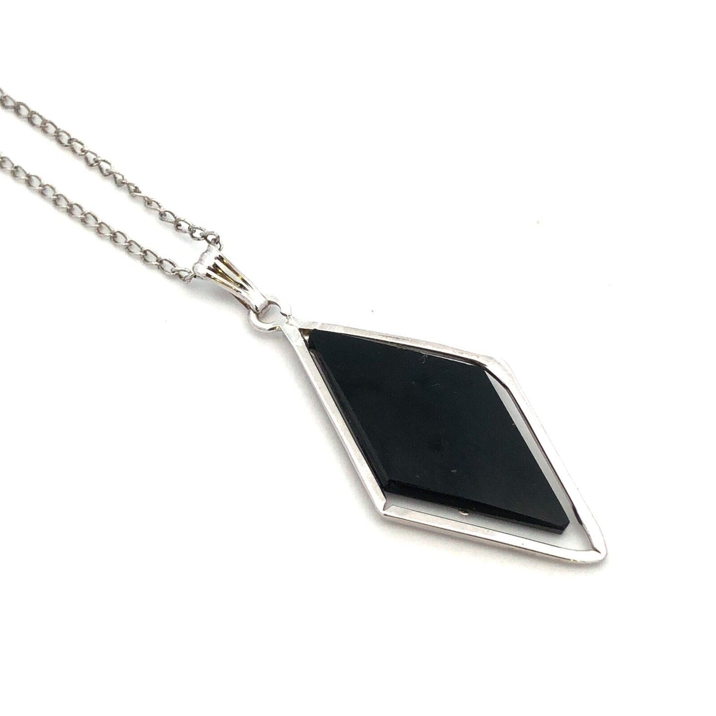 Estate 925 Sterling Silver Black Onyx Modernist Pendant Necklace