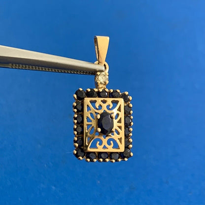 Designer 14K Yellow Gold Oval Blue Sapphire Diamond Accent Filigree Pendant