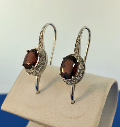 Gorgeous 18k White Gold Oval Red Garnet Diamond Halo Leverback Drop Earrings