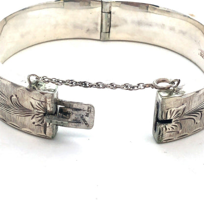 Vintage Designer Mexico 925 Sterling Silver Vine Detail Hinged Bangle Bracelet