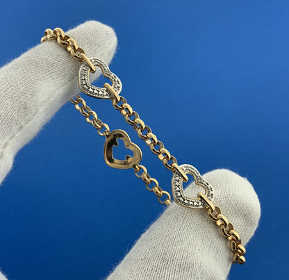 Designer 925 Sterling Silver Vermeil Diamond 2 Tone Heart Panel Toggle Bracelet