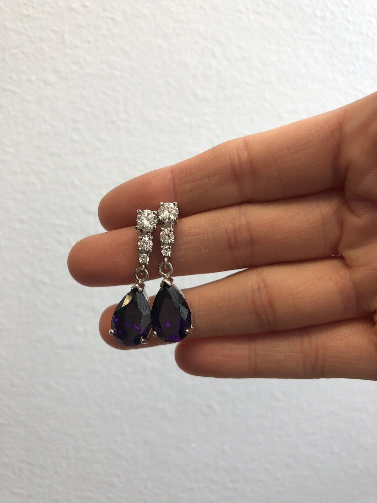Designer Sterling Silver 925 Purple White Cubic Zirconia Statement Drop Earrings