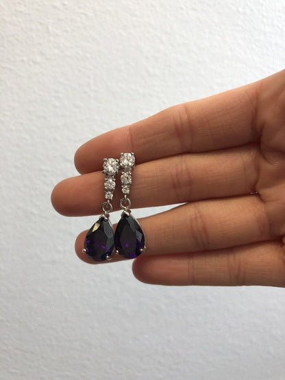 Designer Sterling Silver 925 Purple White Cubic Zirconia Statement Drop Earrings