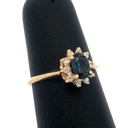 Estate 14K Yellow Gold London Blue Topaz Diamond Halo Cocktail Anniversary Ring