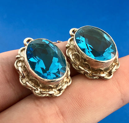 Vintage Sterling Silver Ocean Blue Cubic Zirconia Oval Scroll Statement Earrings