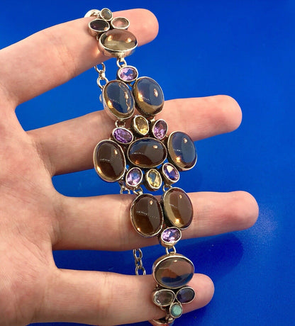 Vintage Sterling Silver 925 Topaz Amethyst Citrine Statement Anklet Or Bracelet