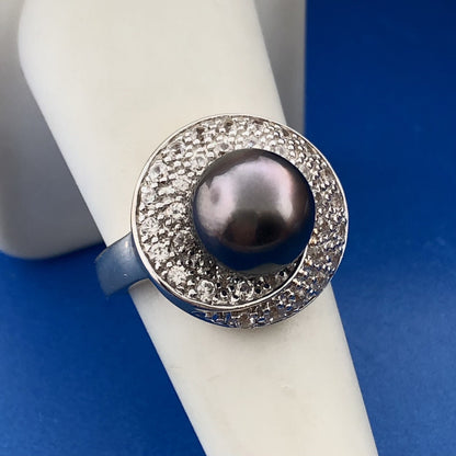 Designer 925 Sterling Silver Two Tone Pearl Solitaire White Topaz Accent Ring