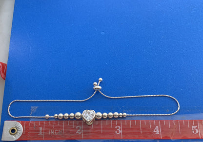 Cubic Zirconia Heart Charm 925 Sterling Silver Beaded Adjustable Bracelet