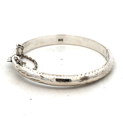 Vintage 925 Sterling Silver Etched Round Childs Hinge Bangle Bracelet
