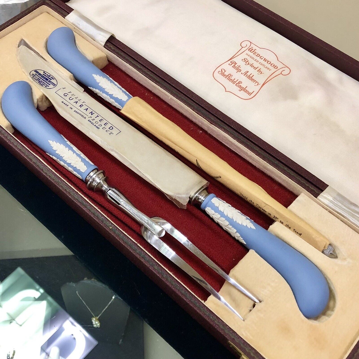 Philip Ashberry Wedgewood Blue Jasperware 3 Piece Carving Set Original Box