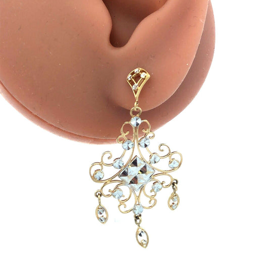 14K White Yellow Gold Chandelier Wedding Bridal Filigree Ornate Dangle Earrings