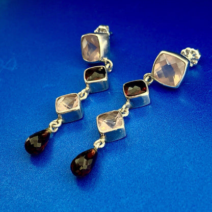 Sterling Silver 925 Garnet Rose Quartz January Drop Dangle Statement Earrings