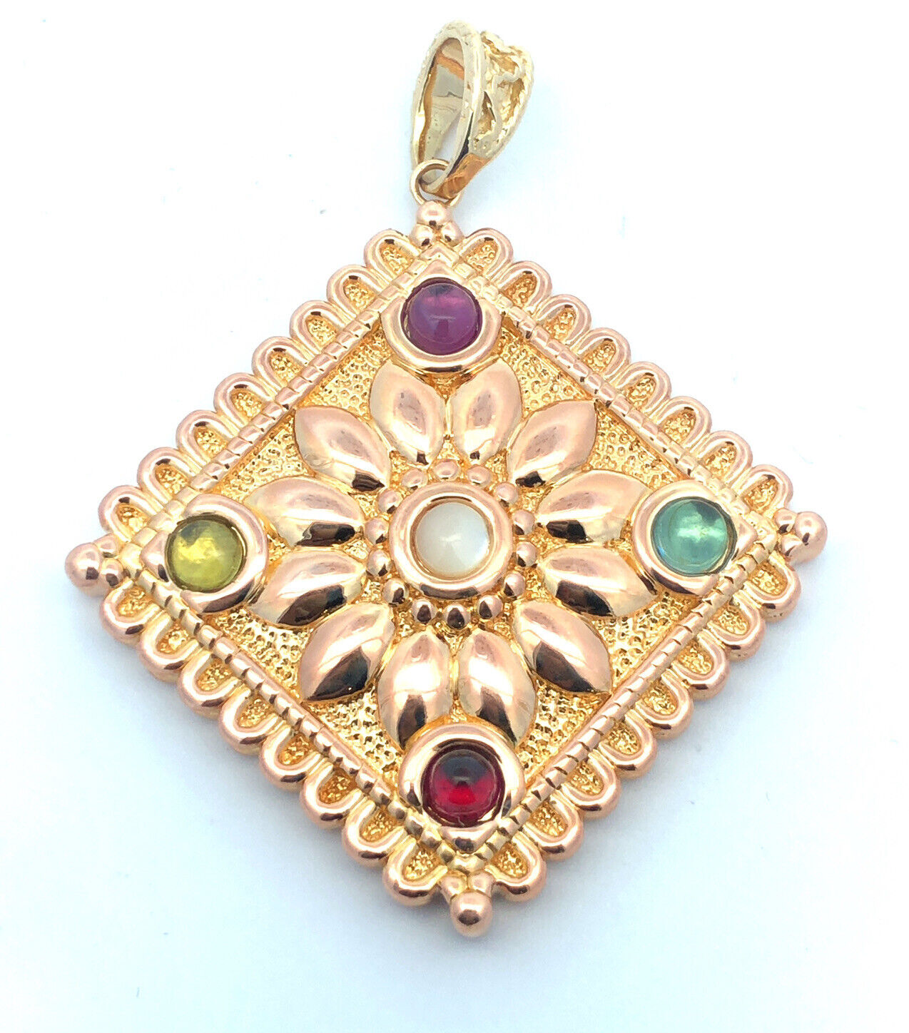 Designer Italy 14K Yellow Gold Multi-Gemstone Cabochon Statement Pendant