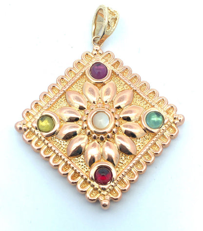Designer Italy 14K Yellow Gold Multi-Gemstone Cabochon Statement Pendant