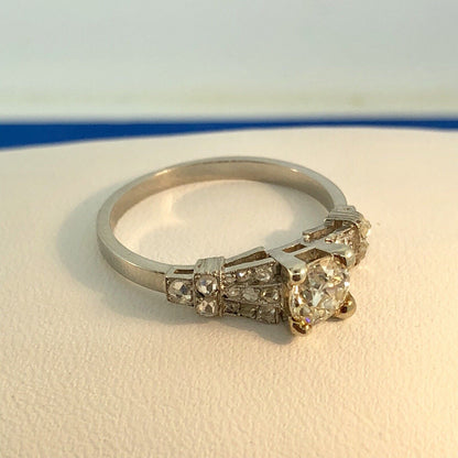 Art Deco Platinum European Mine Cut Diamond Solitaire W/Accents Engagement Ring