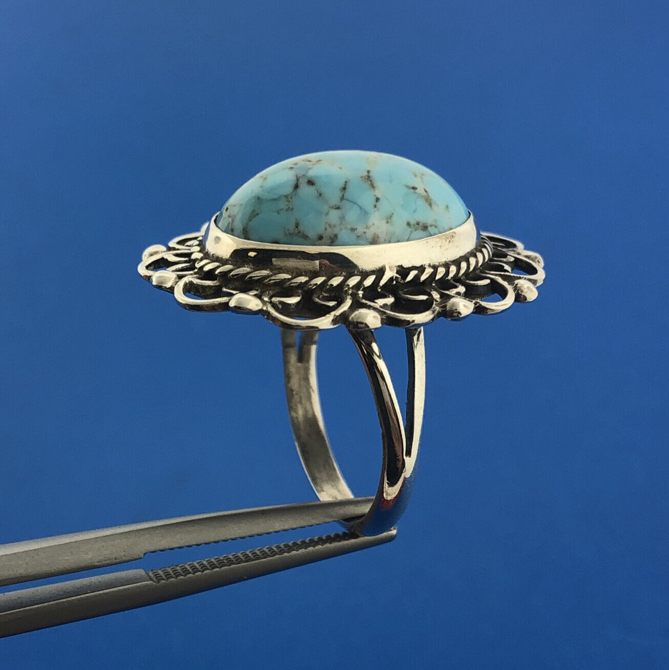 Taxco Mexican Designer LM Sterling Silver 925 Sky Blue Art Resin Ring Size 6.25