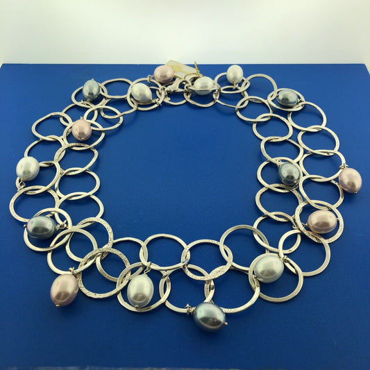 Splendori Italy 925 Sterling Silver Pink Grey White Pearl Statement Necklace NWT