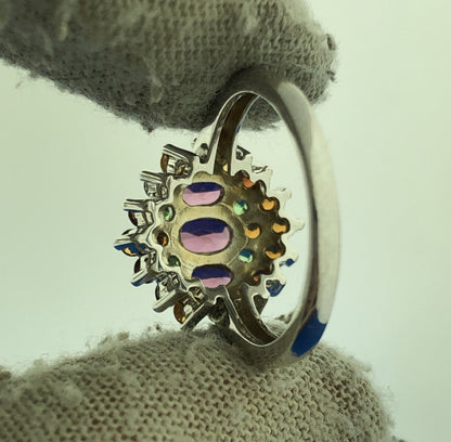 Sterling Silver Pink Tourmaline Peridot Citrine Cluster Cocktail Ring