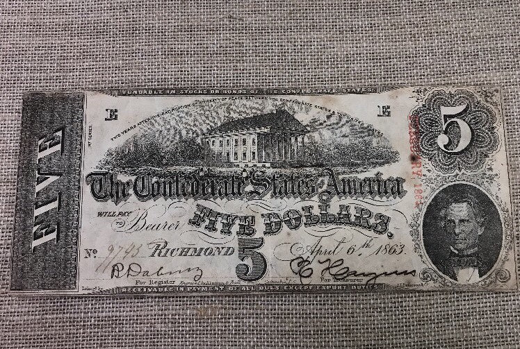 1863 $5 Confederate States of America April 6 Richmond Civil War Era Note T-60