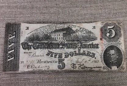 1863 $5 Confederate States of America April 6 Richmond Civil War Era Note T-60