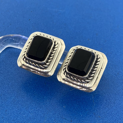 Vintage 925 Sterling Silver Rectangle Black Onyx Statement Stud Earrings