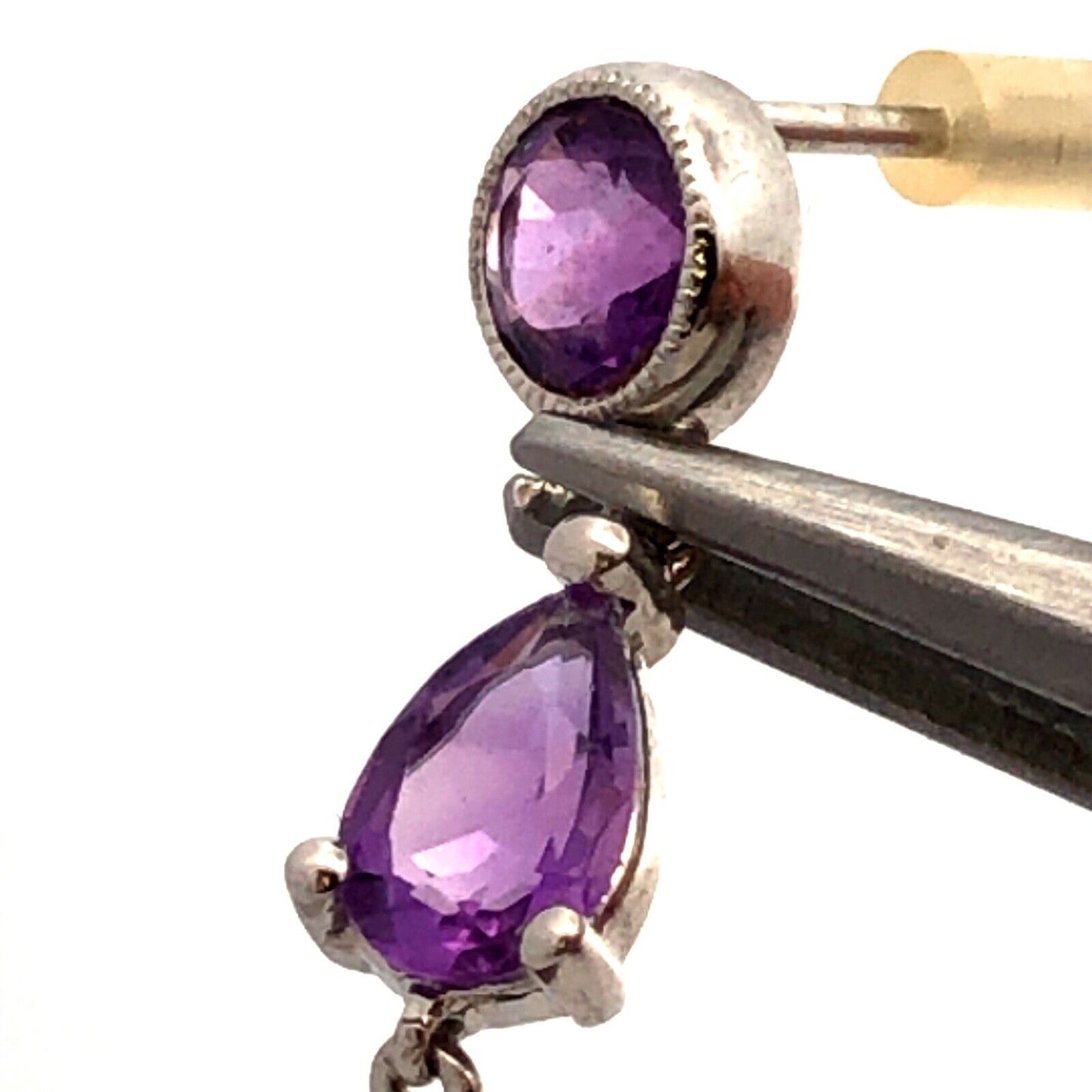 14K White Gold Designer Pear Round Amethyst Chandelier Stud Dangle Earrings