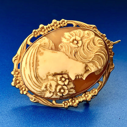 Victorian 10K Yellow Gold Oval Carved Cameo Floral Statement Brooch Pendant