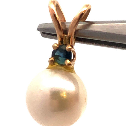 Designer 14K Yellow Gold Pearl Blue Sapphire Accent Drop Charm Pendant