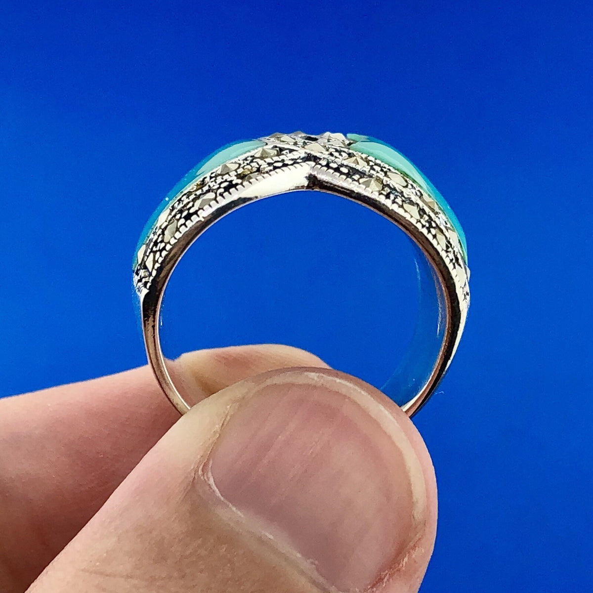 Designer Barse 925 Sterling Silver Turquoise Enamel Marcasite Statement Ring