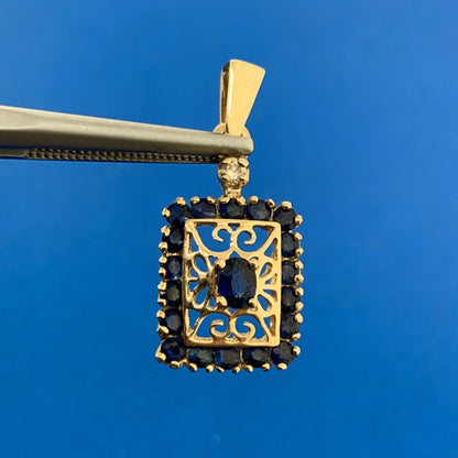 Designer 14K Yellow Gold Oval Sapphire Diamond Accented Filigree Pendant