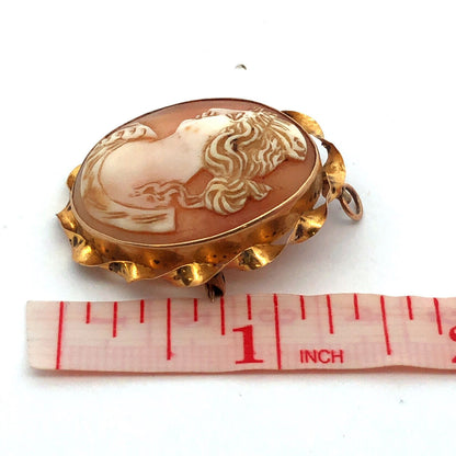 10K Yellow Gold Vintage Oval Carved Shell Cameo Pendant Pin Brooch