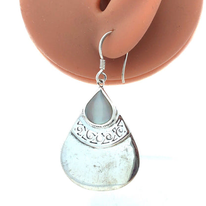 Designer 925 Sterling Silver Mother of Pearl Modernist Dangle Hook Earrings