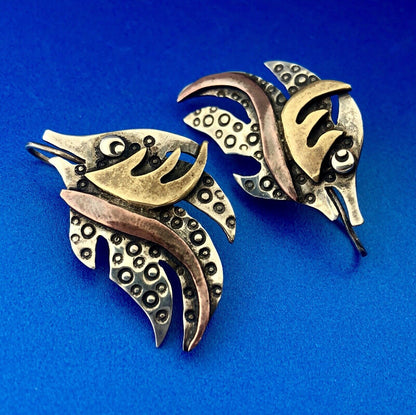 Artisan 925 Sterling Silver Brass Copper Textured Modernist Angel Fish Earrings