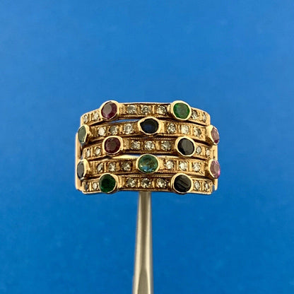 Retro 14K Yellow Gold Diamond Sapphire Ruby Emerald Anniversary Wide Harem Ring