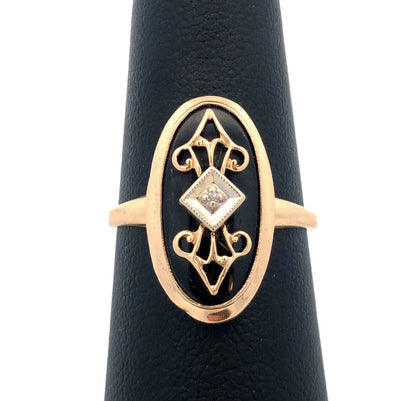 Designer PSCO 10K Yellow Gold Oval Black Onyx Diamond Art Deco Style Ring